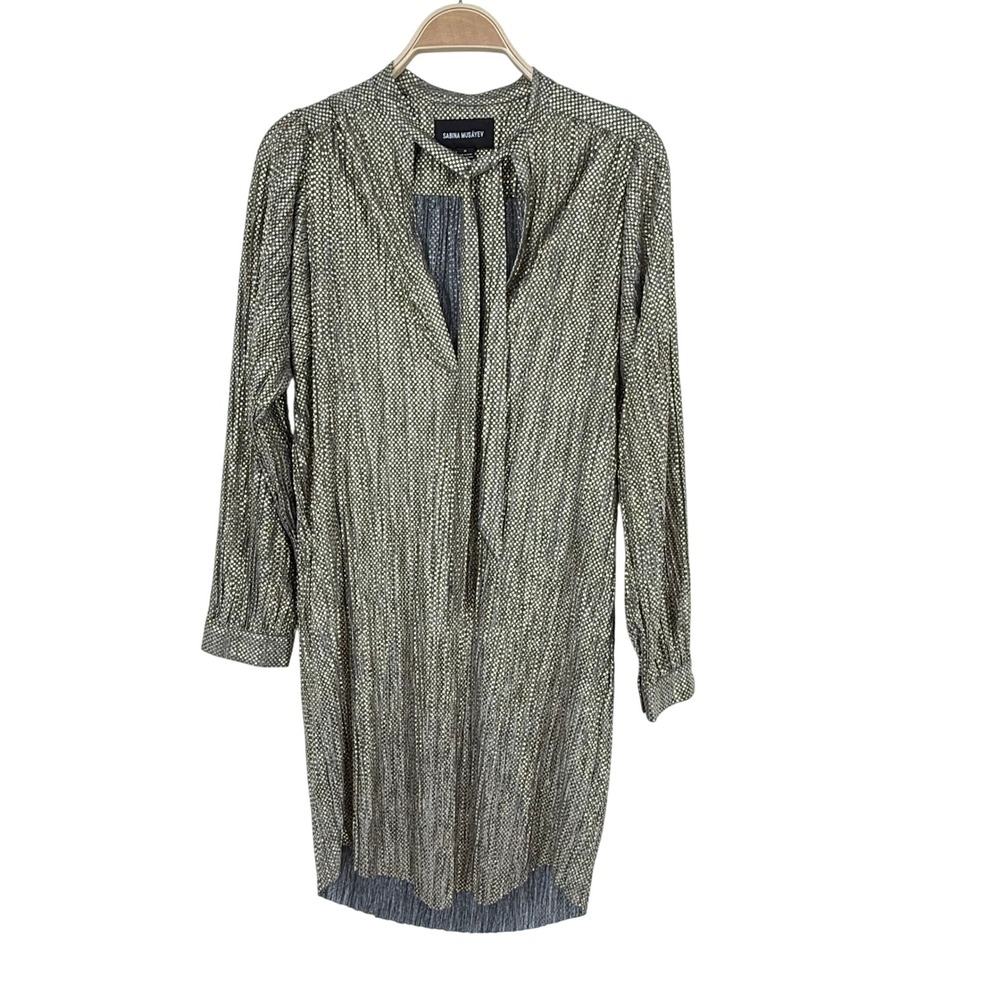 Sabina Musayev Mini Dress Womens‎ Medium Gold Silver Excellent Pleated Tie Neck